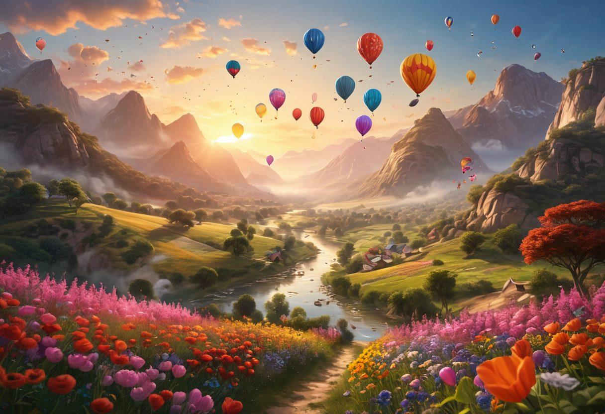 A serene landscape showcasing a sunrise over a picturesque valley, with floating colorful balloons symbolizing joy. Include joyful people practicing yoga and meditation in the foreground, surrounded by blooming flowers and butterflies. The atmosphere should exude positivity and tranquility. bright and cheerful. super-realistic. vibrant colors.