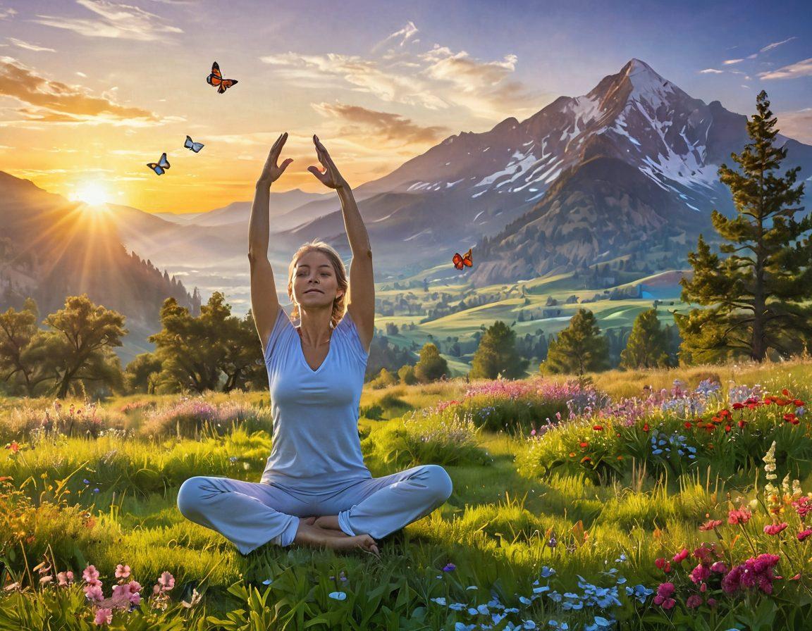 A serene landscape featuring a sunrise over a peaceful meadow, with colorful flowers blooming and gentle butterflies fluttering around. In the foreground, a joyful person practicing yoga with outstretched arms, radiating positive energy. Soft, uplifting light enhances the scene, evoking a sense of bliss and tranquility. The background includes distant mountains and a clear blue sky. vibrant colors. super-realistic.