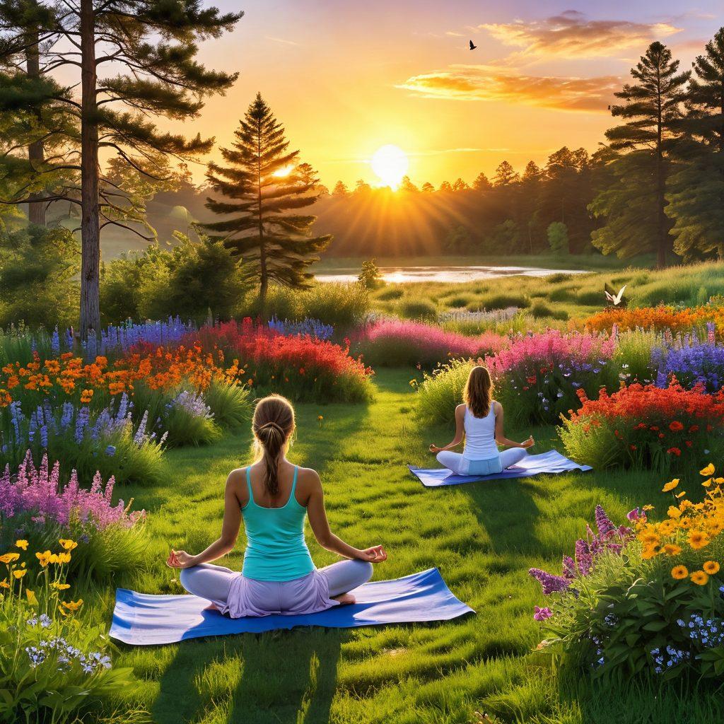 A serene sunrise illuminating a peaceful landscape filled with vibrant wildflowers and lush green grass, where individuals are joyfully practicing yoga and laughing together. Incorporate elements of nature, such as butterflies and birds, enhancing the sense of positivity and exuberance in the scene. The colors should be bright and uplifting, reflecting the warmth of the sun and the joy of community. super-realistic. vibrant colors. peaceful atmosphere.